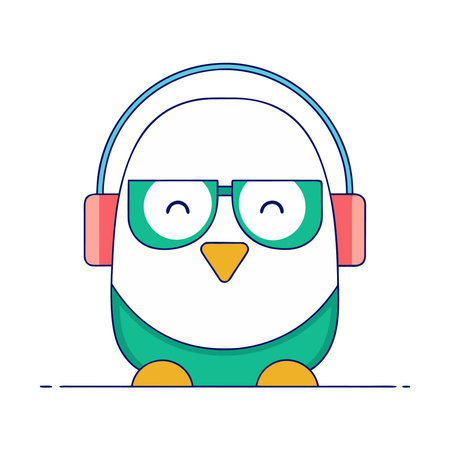 Cute cartoon penguin with headphones. Vector illustration in linear style.のイラスト素材