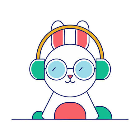 Cute cat in headphones. Vector illustration in flat linear style.のイラスト素材