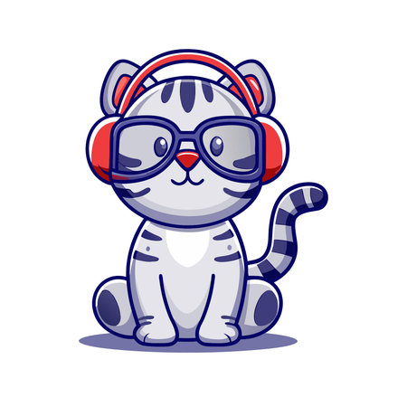 Cute cartoon tiger with headphones isolated on white background. Vector illustration.のイラスト素材