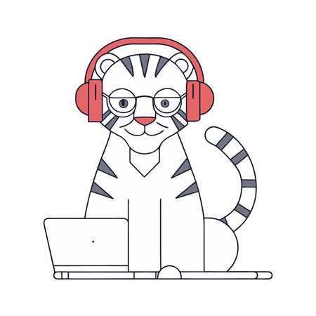 cute tiger with headphones and laptop computer over white background, vector illustrationのイラスト素材