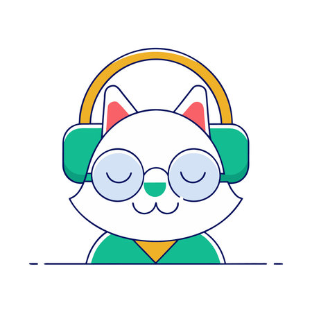 Cute kawaii cat with headphones listening to music. Vector illustration.のイラスト素材