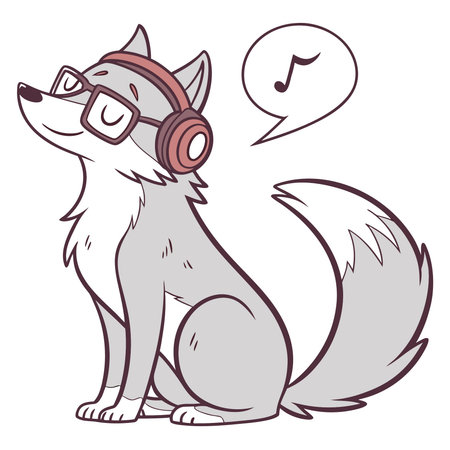 Cute cartoon wolf listening to music with headphones. Vector illustration.のイラスト素材