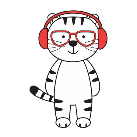 cute cat with glasses and headphones kawaii cartoon vector illustration graphic designのイラスト素材