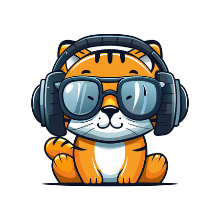 Cute cartoon tiger with headphones. Vector illustration on white background.のイラスト素材