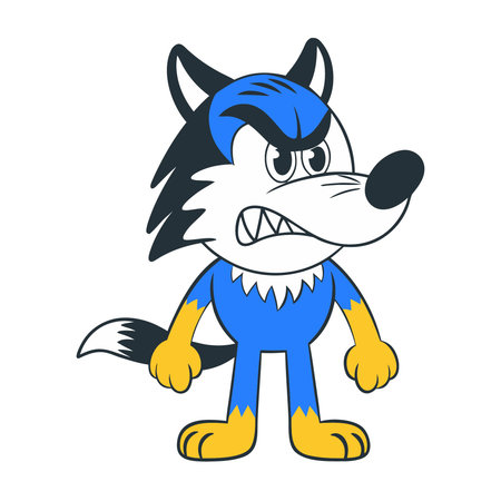 Cartoon wolf in blue and yellow clothes. Vector illustration isolated on white background.のイラスト素材