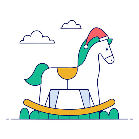 Vector illustration of a toy horse in a cap of Santa Claus on a white background. Flat style.のイラスト素材