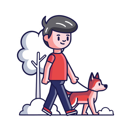 Boy walking with dog in the park. Vector illustration in flat styleのイラスト素材