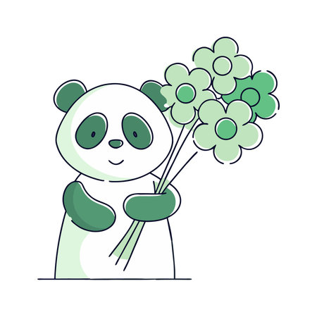 Cute panda holding a bouquet of flowers. Vector illustration.のイラスト素材