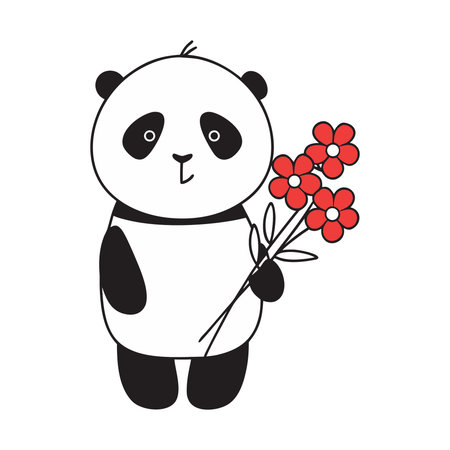 Cute panda with a bouquet of flowers. Vector illustrationのイラスト素材