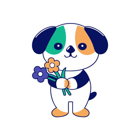 Cute dog cartoon with flowers vector illustration graphic design in blue and yellowのイラスト素材