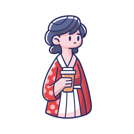 Cute cartoon girl with coffee cup. Vector illustration on white background.のイラスト素材