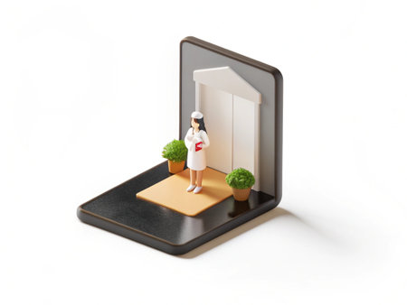 Miniature people : Maid holding a credit card and standing on a white background.