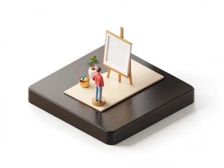 Miniature people : Businessman with easel on a white background