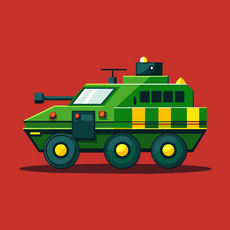 Green armored vehicle on red background. Vector illustration in flat style.のイラスト素材