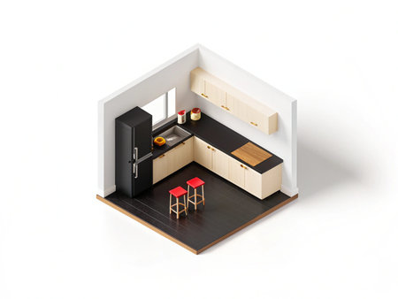Isometric kitchen interior. 3d illustration. Isolated white background.の写真素材