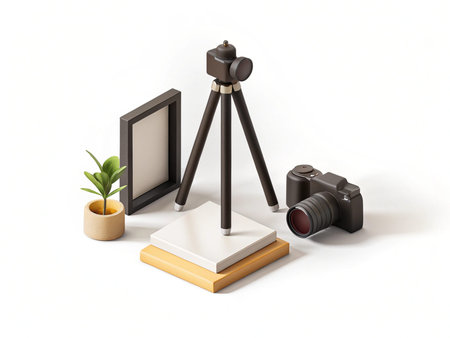 3d render of camera, photo frames and plant on white backgroundの写真素材