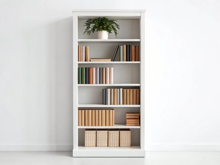 Bookshelf with books on white wall background. 3d illustrationの写真素材