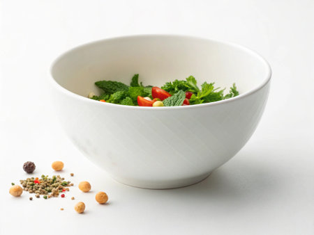 Mortar with herbs and spices on a white background. Healthy food.の写真素材