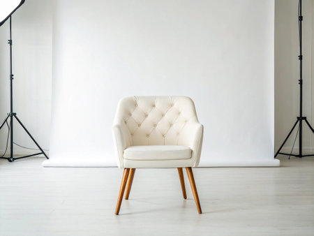White leather armchair in front of a white wall with copy spaceの写真素材