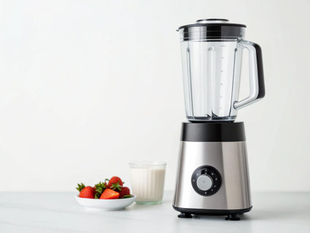 Modern electric blender with fresh strawberries on table against light background. Space for textの写真素材
