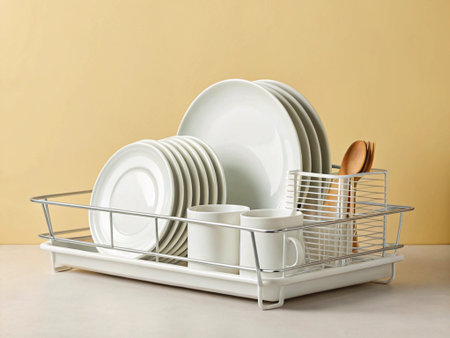 Set of clean dishes in dishwasher machine on beige background.の写真素材