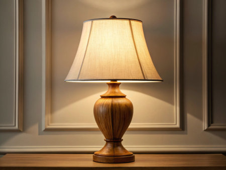 Lamp on a wooden table in a room with a classic interiorの写真素材