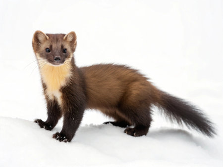Pine marten (Martes martes) on white snowの写真素材