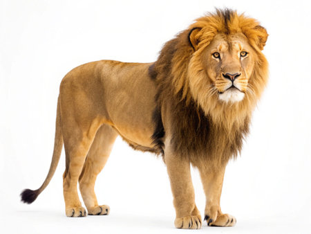 Big male lion standing on white background, side view. Front view.の写真素材