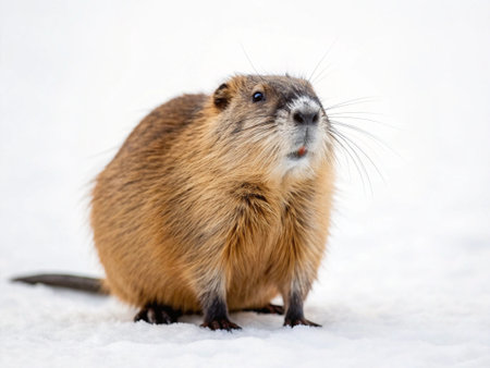 Cute marmot on the snow in winter, close-upの写真素材