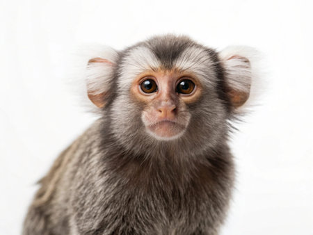 Close-up portrait of a marmoset on a white backgroundの写真素材