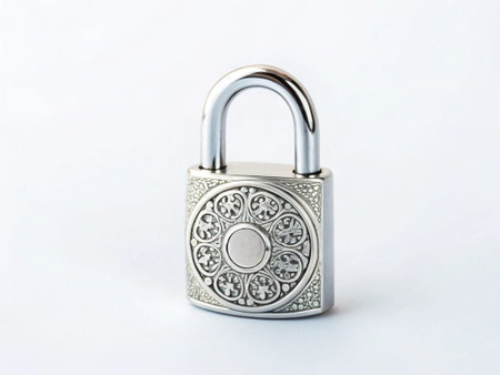 Silver padlock isolated on white background. Security concept. Close up.の写真素材