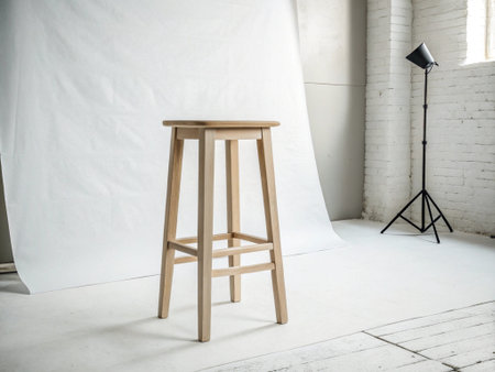 Wooden stool in white room with lamp and copy space, stock photoの写真素材