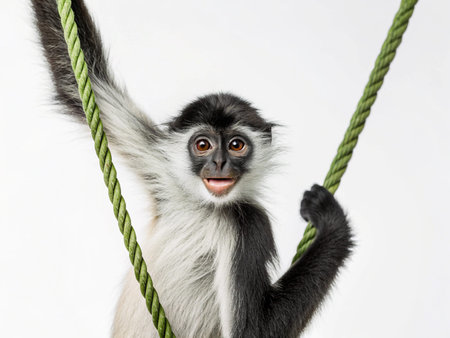 Portrait of a monkey hanging on a rope isolated on white backgroundの写真素材