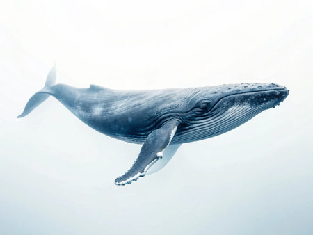 Humpback whale swimming on a white background, blue tonedの写真素材