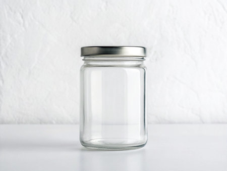 Empty glass jar on white table and white wall background with copy spaceの写真素材