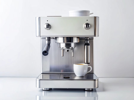 Coffee machine with a cup of coffee on a white backgroundの写真素材