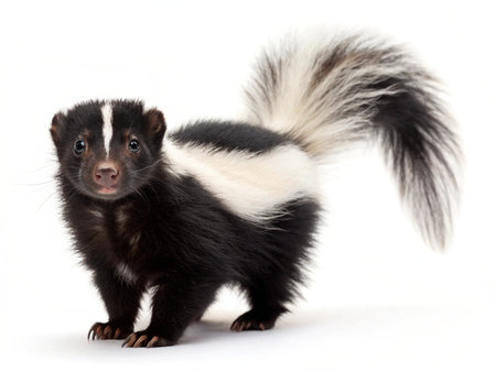 black and white baby skunk in front of white backgroungの写真素材