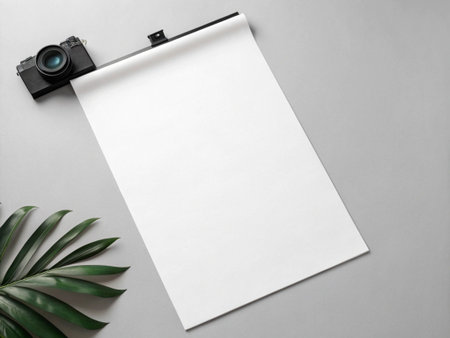 Design concept - top view of white paper sheet, camera and palm leaf on gray background for mockupの写真素材