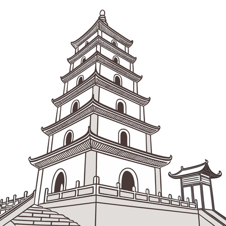Chinese pagoda isolated on white background. Vector illustration in sketch style.のイラスト素材