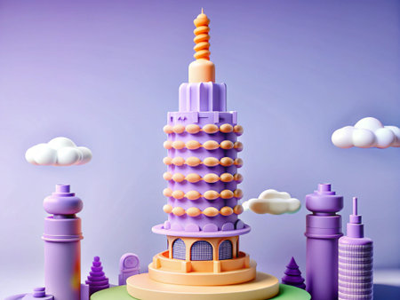 3D illustration of a birthday cake in the shape of a towerの写真素材