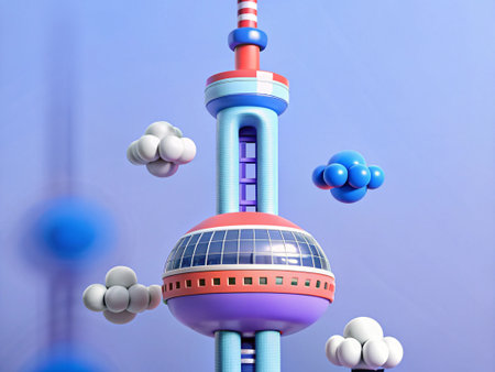 3d illustration of a futuristic building with a solar panel and cloudsの写真素材