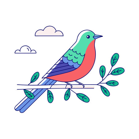 Colorful vector illustration of a cute bird sitting on a branch.