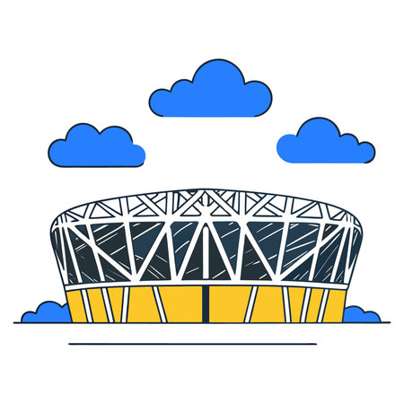 Vector illustration of soccer stadium in flat style with clouds and sky.のイラスト素材