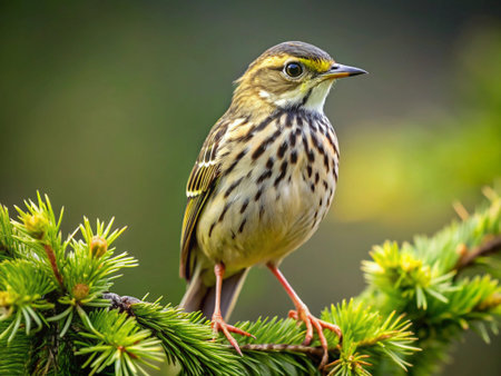 Eurasian pipit, Emberiza citrinella, perched on a pine branchの写真素材