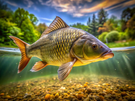 Carp fish swimming in the lake. This is a 3d render illustrationの写真素材