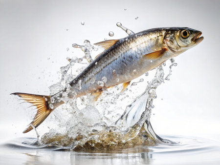 Sprats jumping out of water on a white background. Studio shooting.の写真素材