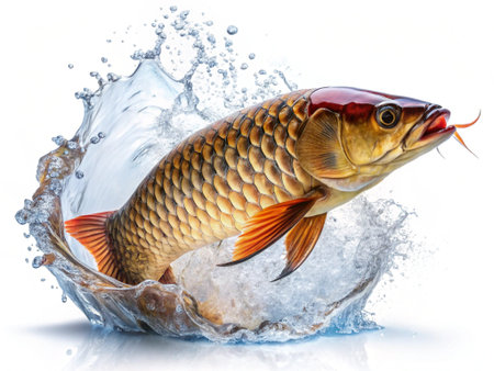 Fishing carp in water splash isolated on white background with clipping pathの写真素材