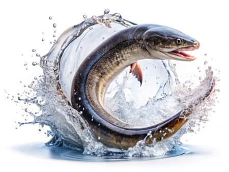 Whole eel in water. Isolated on a white background.