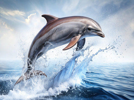 Dolphins jumping out of the water. 3d render illustration.