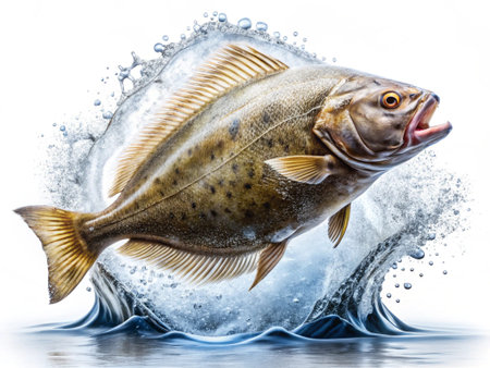 Rainbow trout fish jumping out of the water on a white backgroundの写真素材